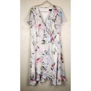 Lane Bryant Midi Dress Size 16 Petite White Floral Ruffle V Neck Whimsical Flowy